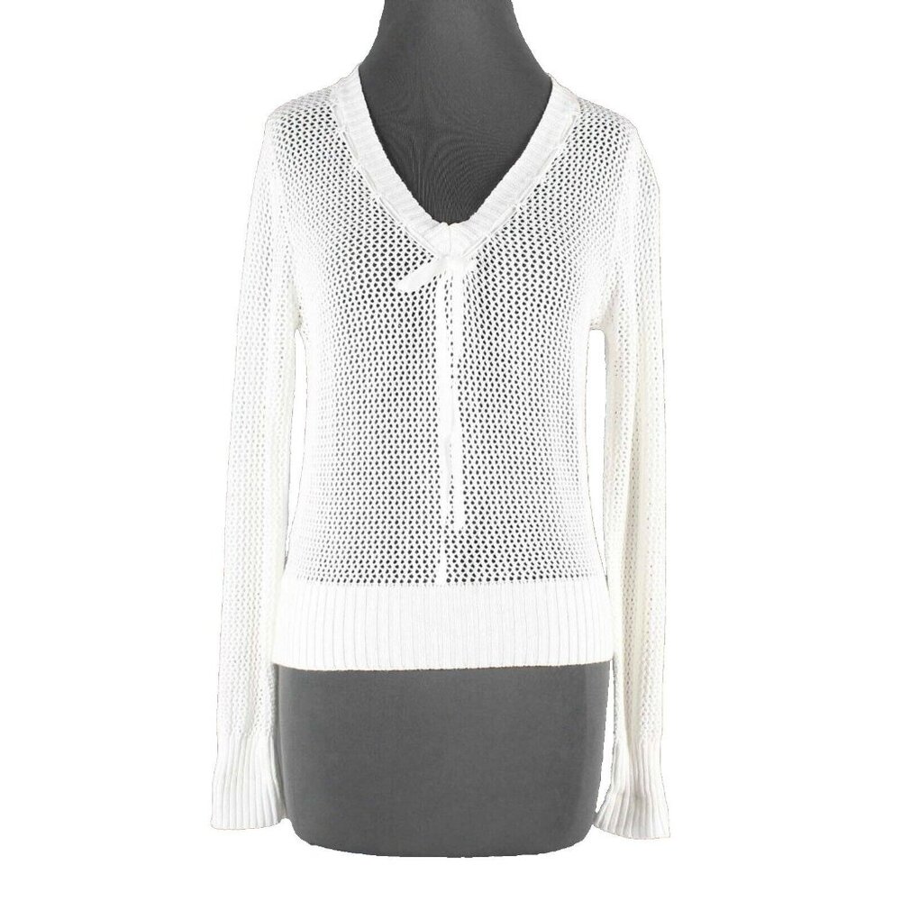 Bright & Beautiful Sz M White Open Knit V Neck 100% Cotton Sweater Top